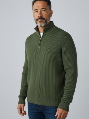 Zara Men's Olive Ribbed Purl Knit Quarter Zip Long Sleeve Sweater Size Medium